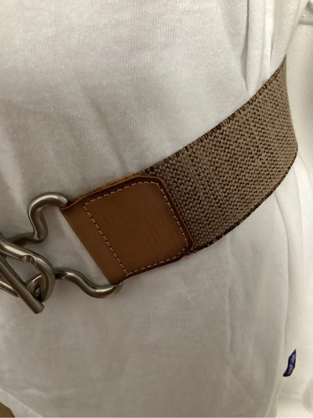 Fossil Brown Leather-Trim Canvas Belt with Sculpted Silver Hook L-XXL